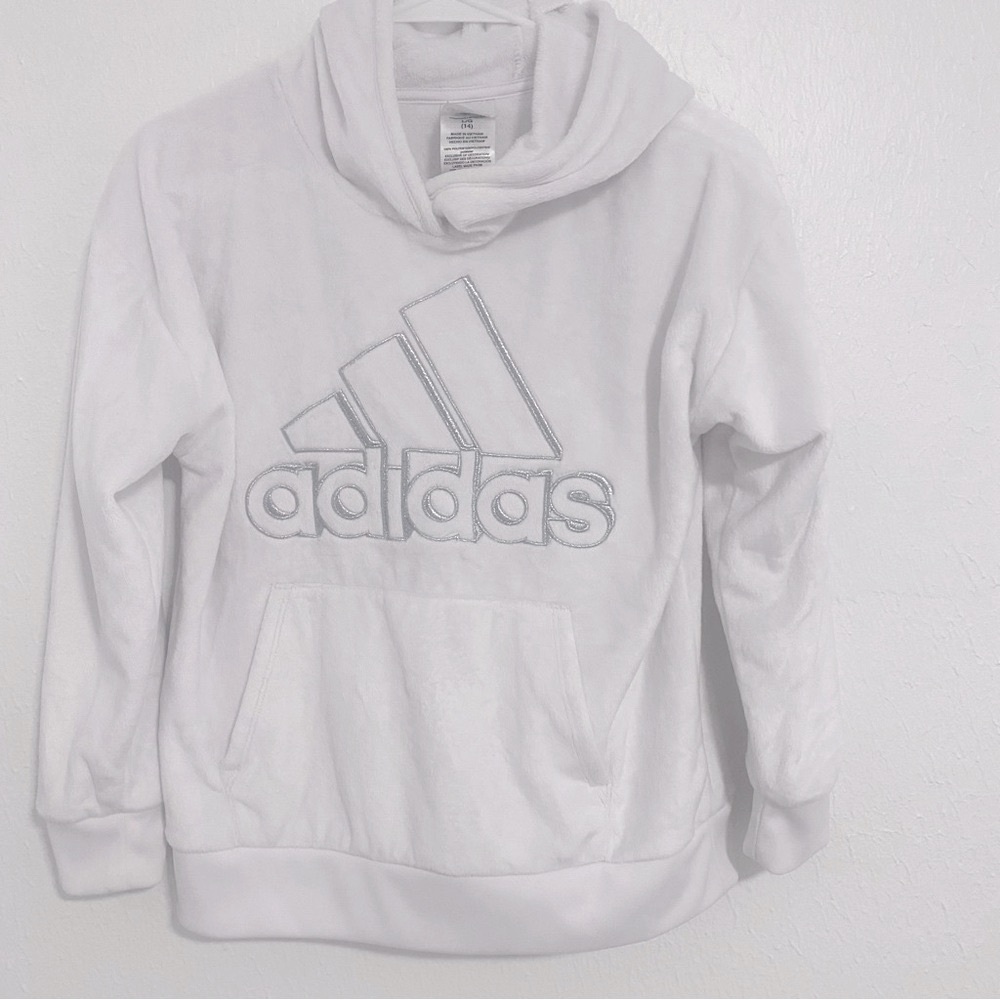Adidas Girls' Fleece White Hooded Pullover Silver Lettering Size Lrg 14 (AA4933)